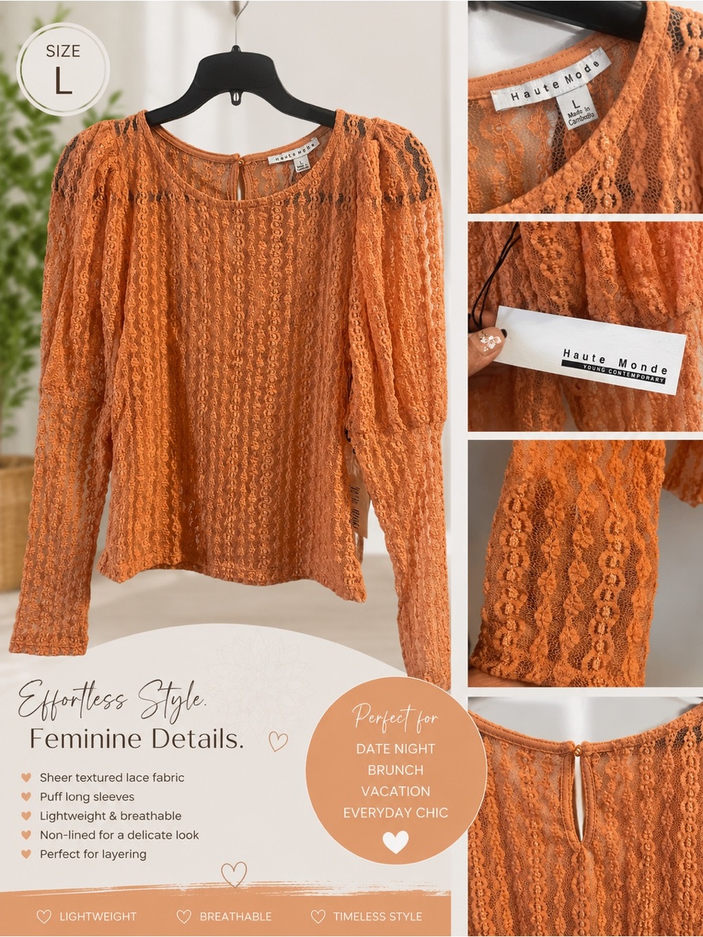 Haute Monde Orange Lace Puff-Sleeve Top
